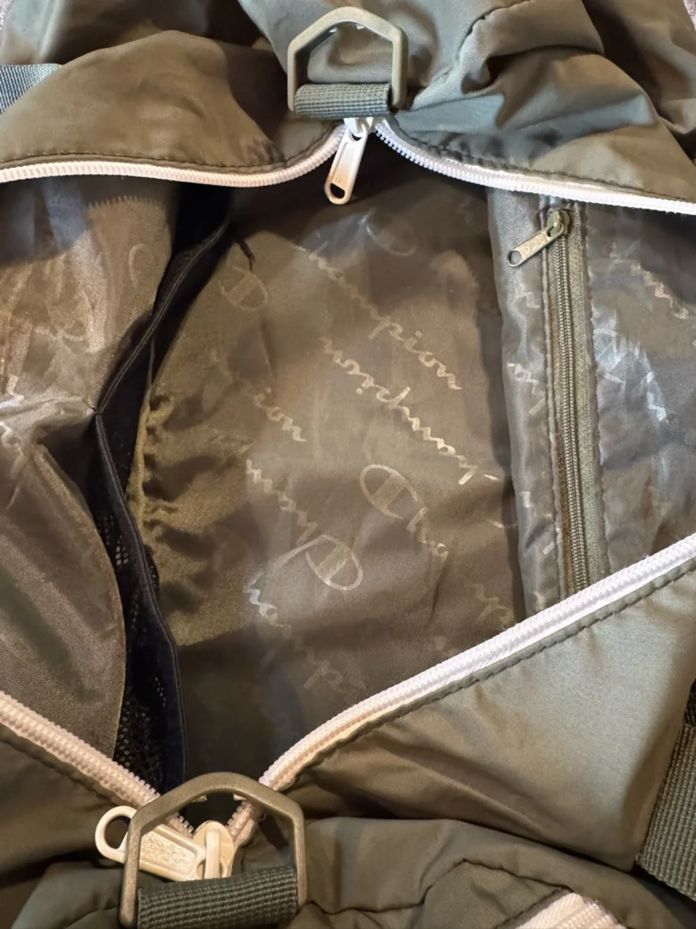 Champion Olive Green Duffel Gym Bag Floral Logo Travel Weekender - Picture 5 of 10